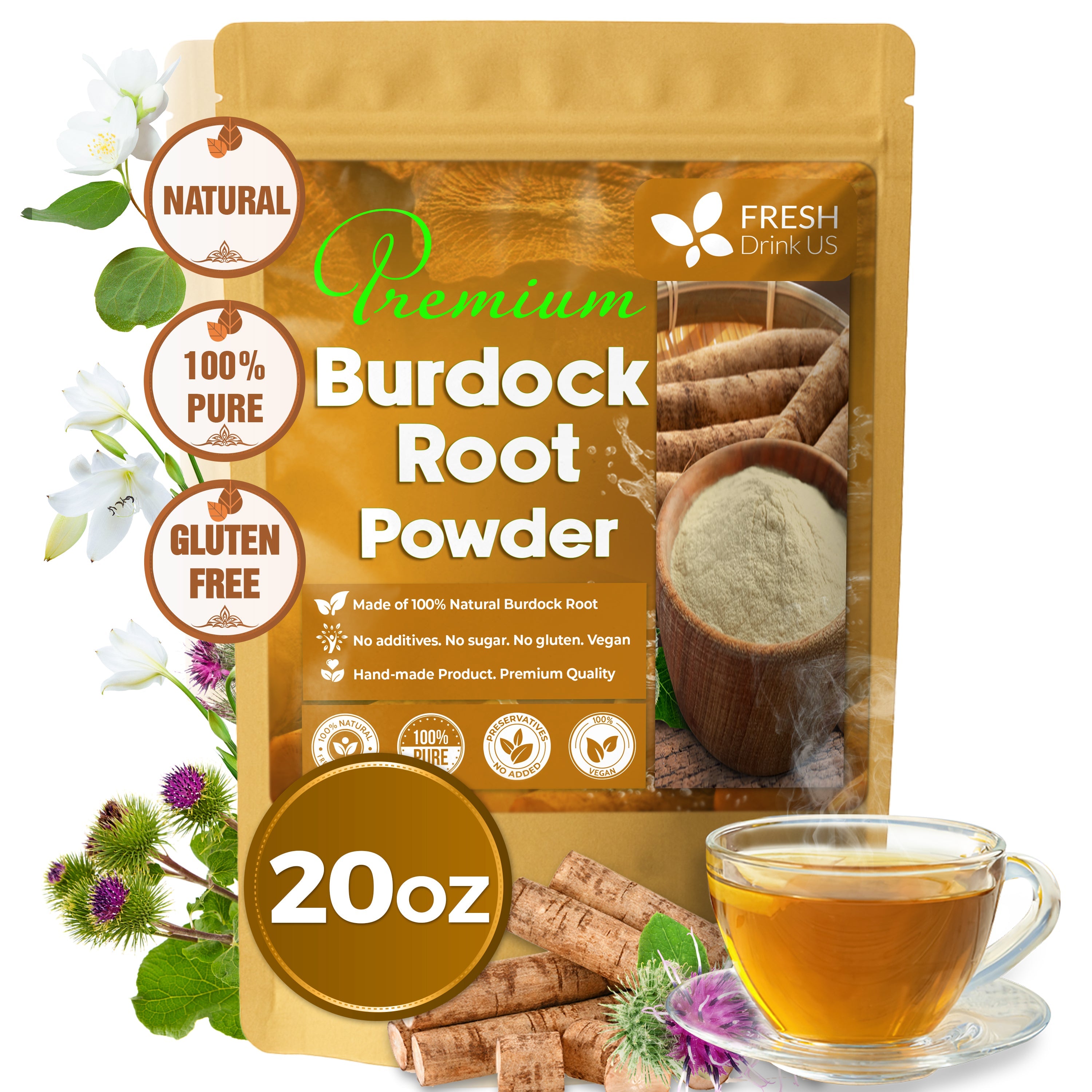 Burdock Root Powder,  Burdock Root Extract, 100% Natural & Pure from Burdock Root, Burdock Root Herbal Tea, No Additives, No Caffeine, Vegan