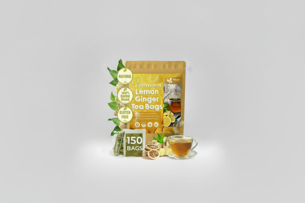 Premium Lemon Ginger Tea Bag, Eco-conscious Tea Bags. Lemon Ginger Herbal Tea. No Sugar, No Caffeine, No Gluten, Vegan.