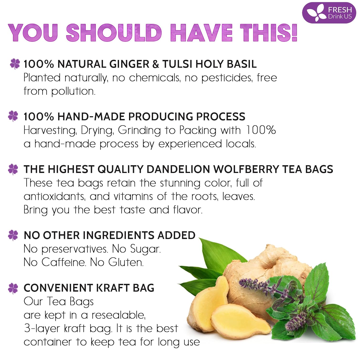 Premium Ginger Tulsi Tea Bags | Hand-made Blend of Ginger and Tulsi Holy Basil Leaves