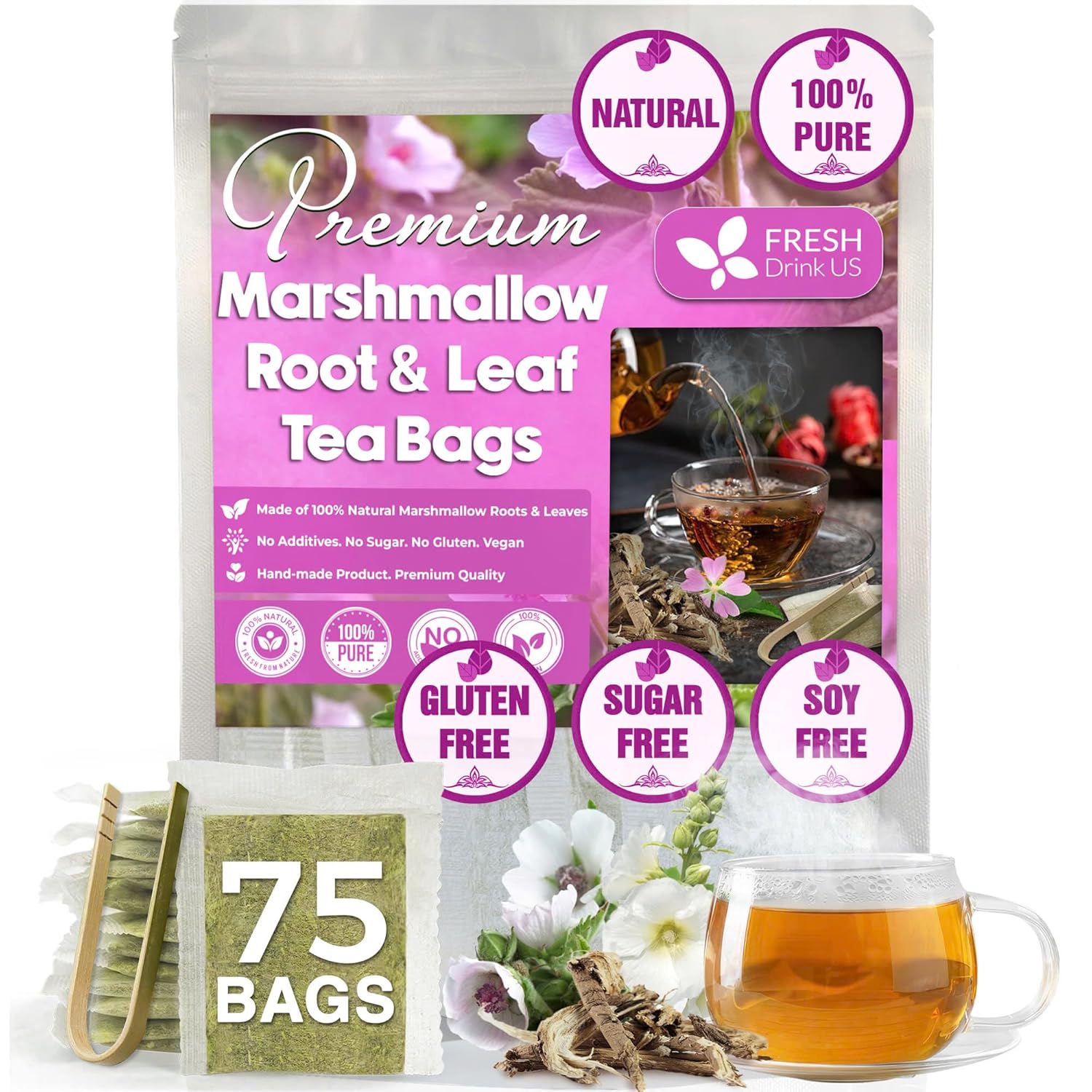 Premium Marshmallow Root and Leaf Tea Bags, 100% Natural & Pure.