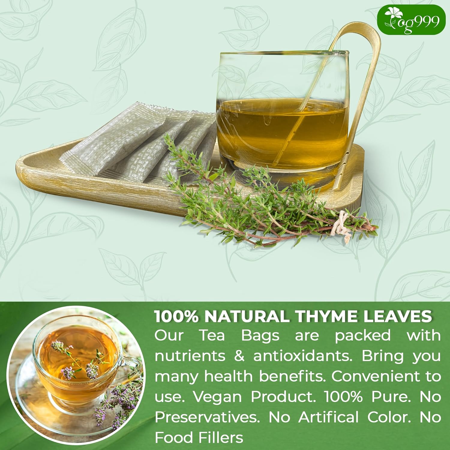 Premium 40 Thyme Leaf Tea Bags, 100% Natural & Pure, Loose Leaf Herbal Tea.