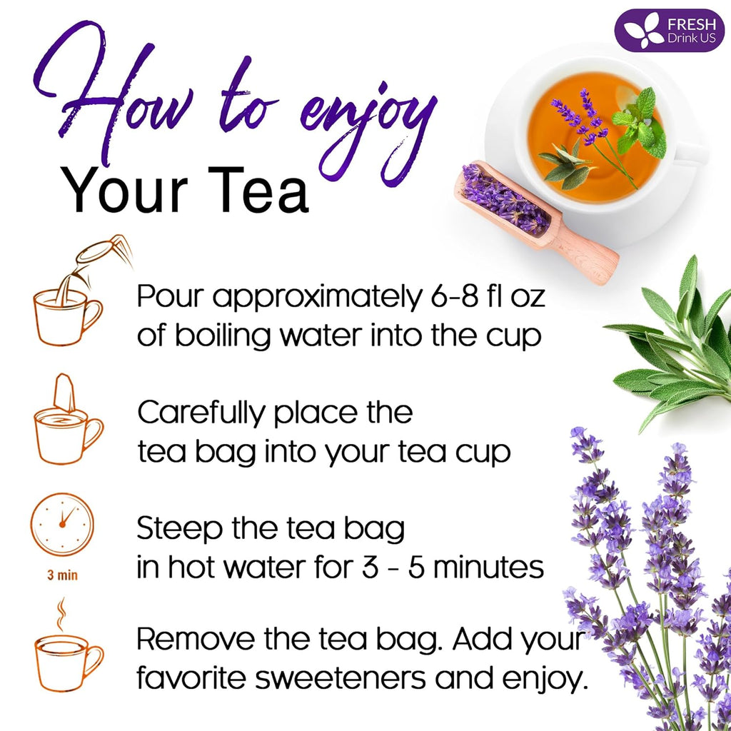 Premium Lavender Mint Tea Bags. 100% Natural, Blend of Lavender, Peppermint, Sage and Licorice.