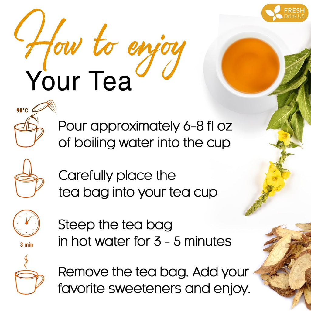 Premium Mullein Licorice Tea Bags. 100% Natural, Blend of Mullein Leaves, and Licorice Root.