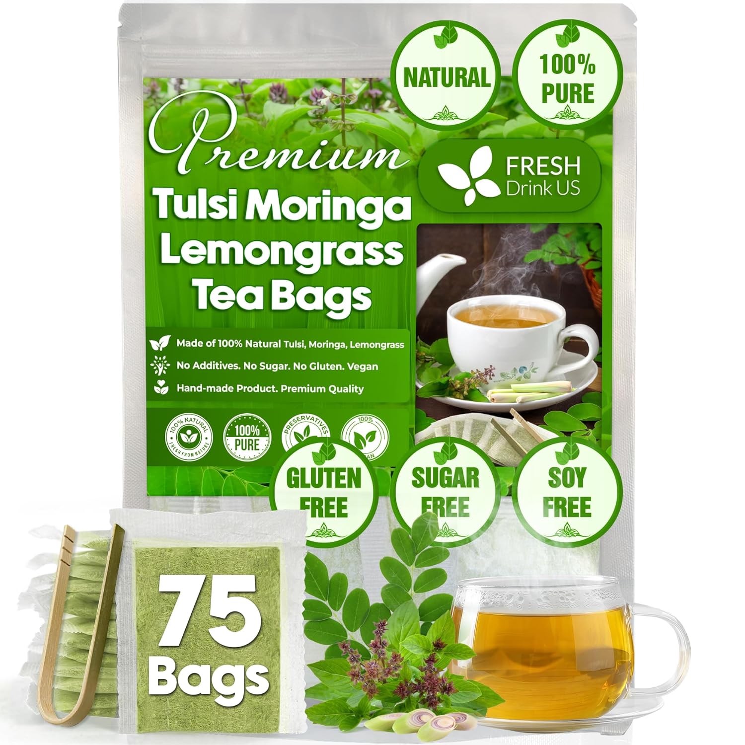 Premium Tulsi Moringa Lemongrass  Tea Bags, 100% Natural & Pure from Tulsi Holy Basil Leaves, Moringa & Lemongrass.