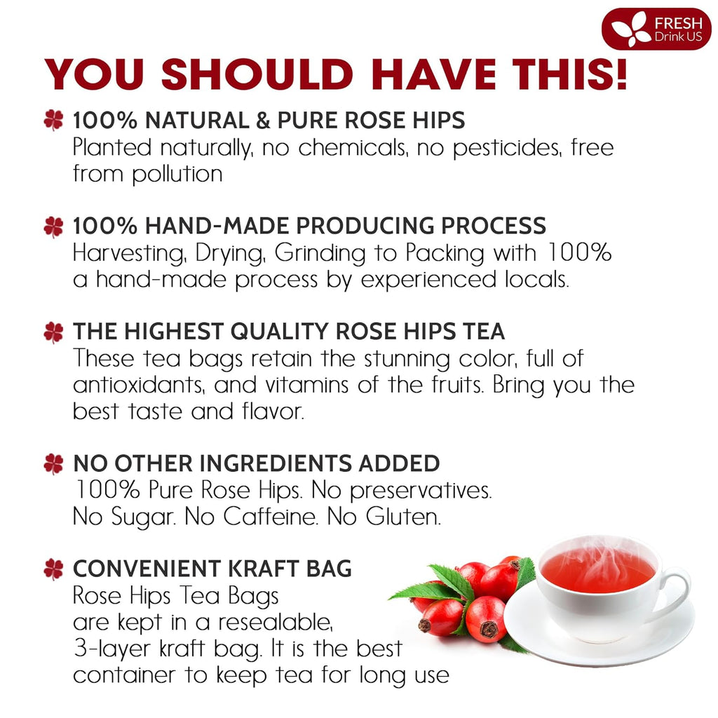 Premium Rosehip Tea Bags, 100% Natural & Pure from Rose Hip Fruits.