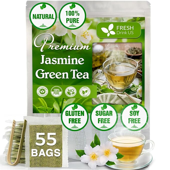 Premium Jasmine Green Tea Bags. Jasmine Green Herbal Tea. Made with Natural Material Tea Bags. No Sugar, No Gluten, Vegan.