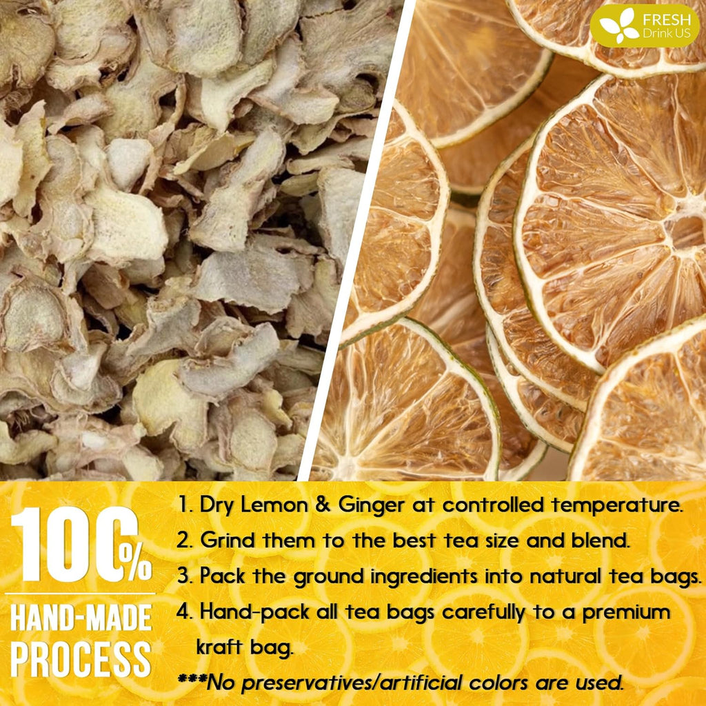 Premium Lemon Ginger Tea Bag, Eco-conscious Tea Bags. Lemon Ginger Herbal Tea. No Sugar, No Caffeine, No Gluten, Vegan.