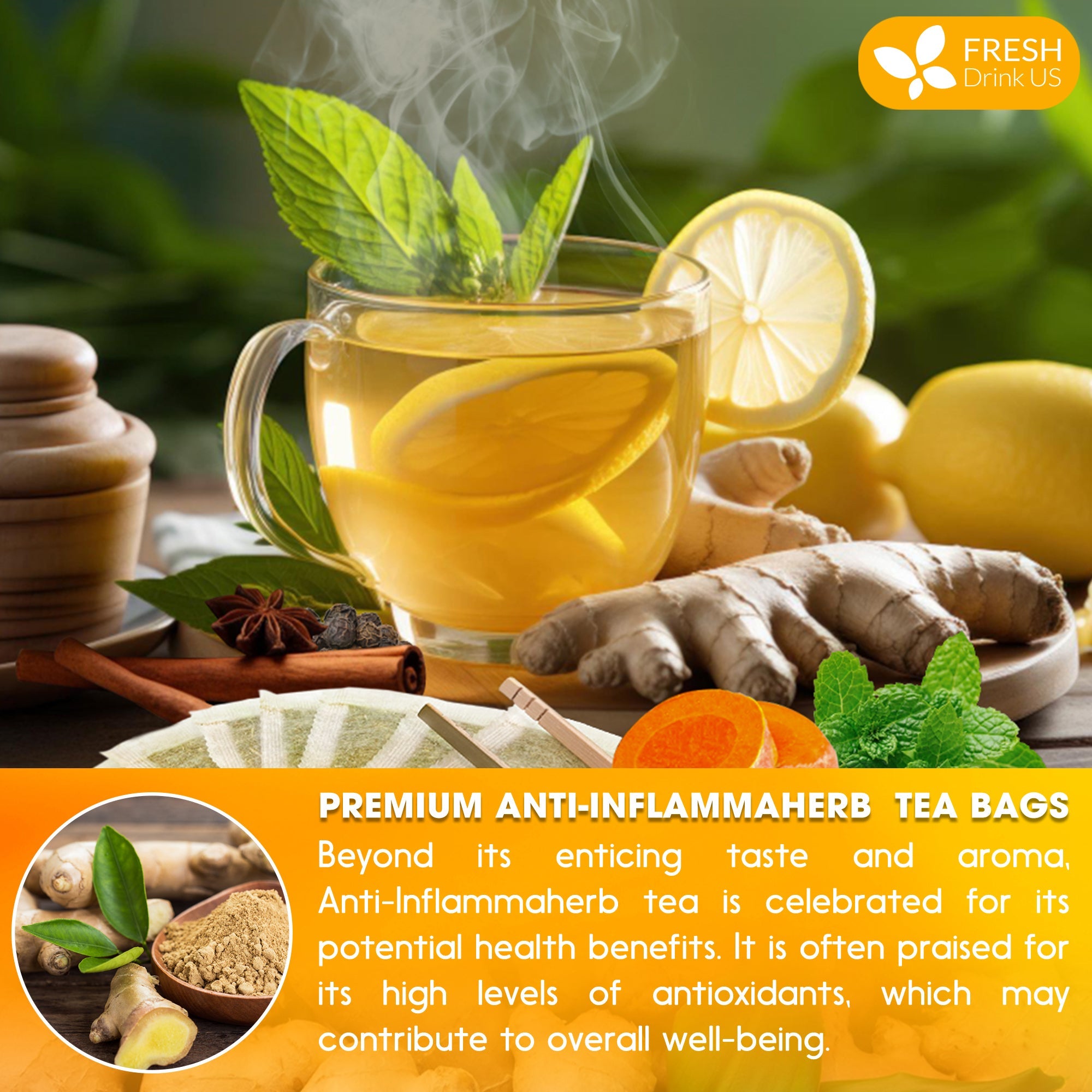 Anti-Inflammaheb Loose Leaf Tea, 100% Natural from Ginger, Turmeric, Peppermint, Black Pepper, Cinnamon