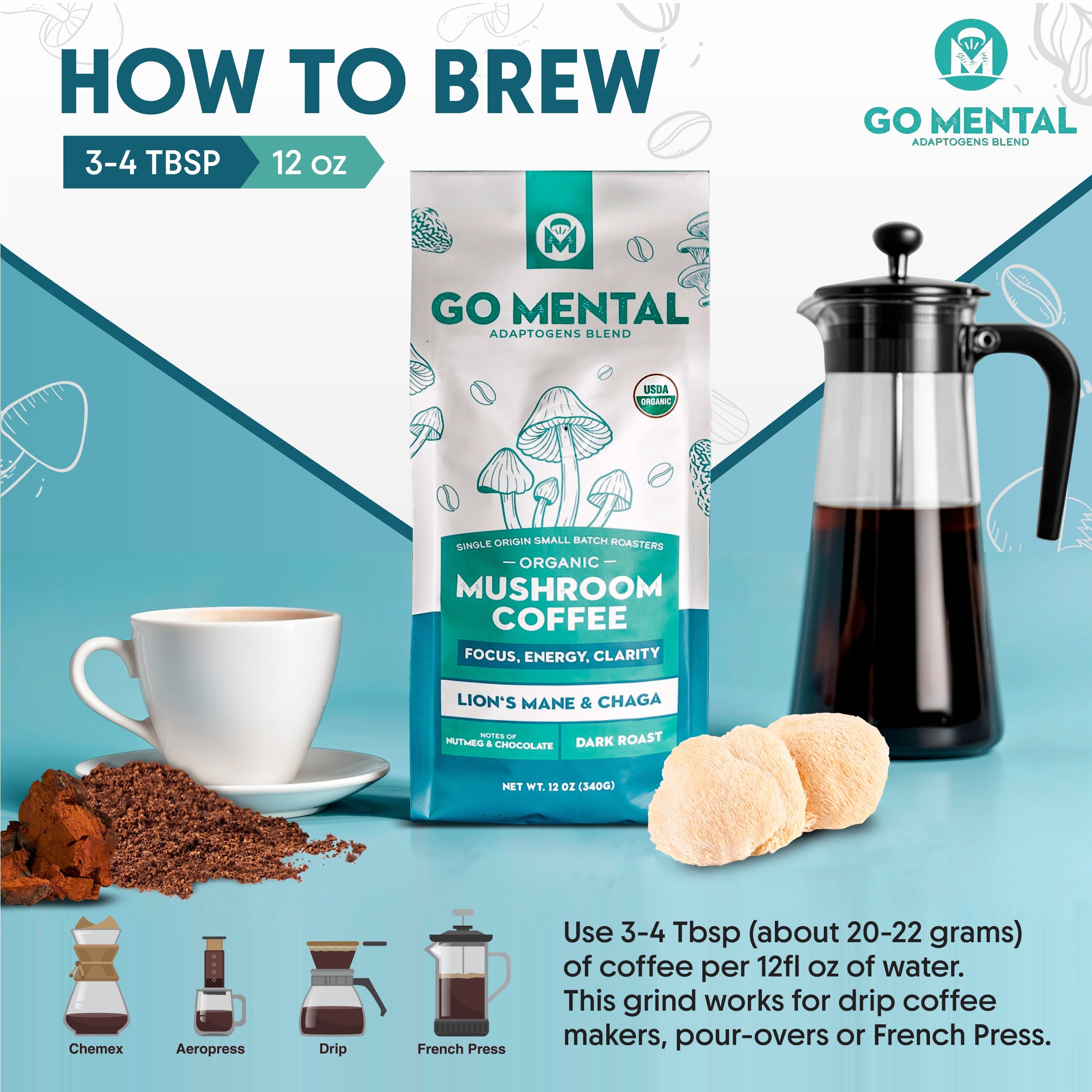 Organic Lion's Mane and Chaga Mushroom Coffee Dark Roast